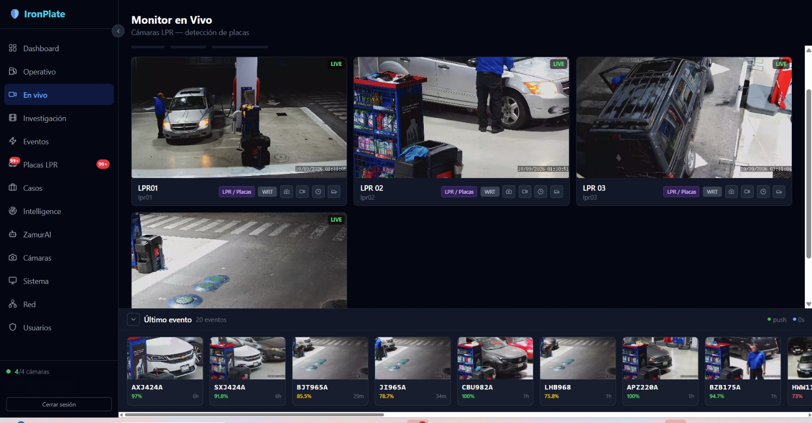 IronPlate: monitoreo en vivo y últimas detecciones de placas